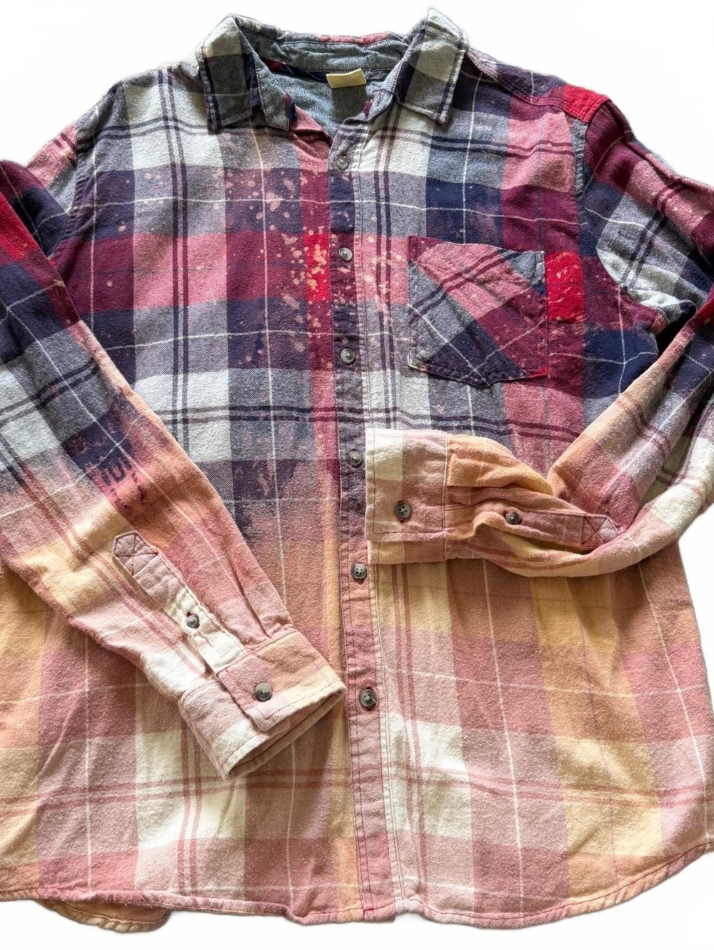 Rustic Blue Large Red Navy Plaid Flannel Shirt Bleach Dyed Grunge Distressed